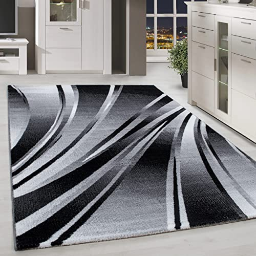 HomebyHome Teppich Wohnzimmer 80x150 cm Läufer Flur Schwarz Kurzflor Abstrakt Design - Teppich Schlafzimmer, Esszimmer, Küche Flauschiger Extra Weich Tepich Waschbär Einfache Reinigung