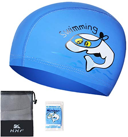 Paciffico Kinder-Badekappe, wasserdichte PU-Badekappe, elastisch mit Beschichtung und Cartoon-Muster, für Kinder / Jungen / Mädchen, Alter 3–12 Einheitsgröße blau