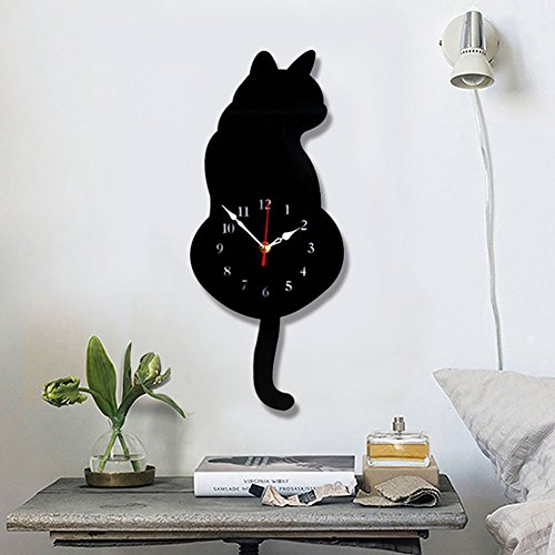 Topkey Wanduhr Katzen Acryl Wanduhr mit Schwingendem Schwanz Pendel für Wohnzimmer Schlafzimmer Küche Heimdeko – (42 cm x 18 cm) Schwarz
