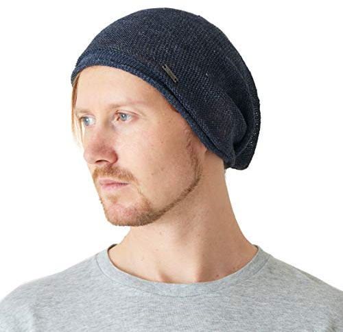 Bonnet Tombant Été 100% Lin Tricoté, Chapeau Tricot Femme Homme Unisexe Léger Et Fin, Slouchy Beanie Souple en Linen Respirant Japonais Marine