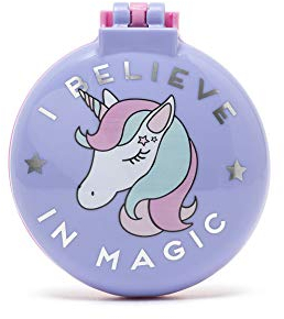 Legami - Bürste mit Spiegel, Motiv I Believe In Magic, öffnet und schließt mit einem Klick, bequem und praktisch zum Mitnehmen, Unicorn