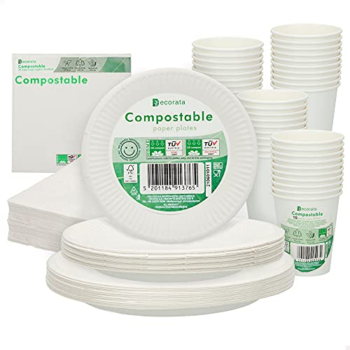AKTIVE 71346, Procos Vajilla desechable ecológica y biodegradable, Papel, Blanco, 20 platos desechables grandes +20 platos pequeños +20 platos cuadrados +20 vasos desechables +40 servilletas,