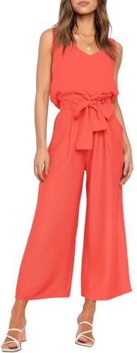 FANCYINN Conjunto de Pantalones Cortos de 2 Piezas para Mujer Pantalones de Bolsa de Papel recortados de Cintura Alta con Cuello en V y Tirantes Anchos con cinturón