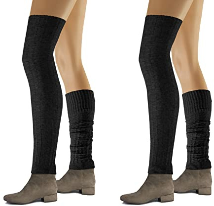 Sesto Senso 2 Pares Calentadores Mujer Piernas Largas Algodón Invierno Tejido Trenza Negro