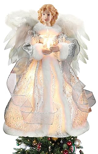 12.6In Angel Christmas Tree Topper, Christmas Tree Fairy Fabric Xmas Tree Fairy Topper, Christmas Decorations Light Up Angel, Angel For Top Of Christmas Tree For Home Party Decorations (Silver)