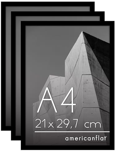 Americanflat Cornice A4 Nere - Set di 3 Cornici A4 per Foto con Bordo Sottile e Vetro Resistente agli Urti - Portafoto da Tavolo con Ganci e Cavalletto Integrati per Pareti e Ripiani