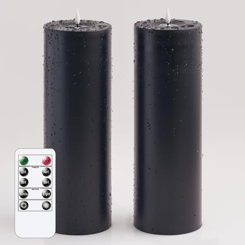 Wroxipel Waterproof Flameless LED 4 x12 Plastic Black Candles with Remote and Daily Timer, Battery Operated Fake Tall Large Pack of 2 Pillar Candles for Halloween Holiday Festival Outdoor Use