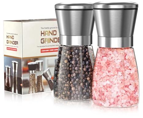 Macinapepe 180 ml, 2 pezzi in acciaio inox, macinasale e macinapepe per sale grosso con meccanismo in ceramica regolabile, corpo trasparente per spezie, pepe, sale grezzo