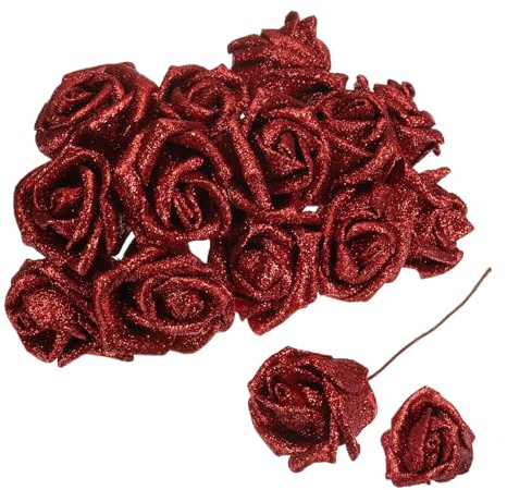 QUARKZMAN 50 Piezas de Rosas Artificiales con Purpurina, Rosas Falsas con Tallos de Espuma Tacto Real para Decoración de Boda, Fiesta, Oficina, Ducha y Hogar, Rojas
