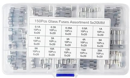150 Stück 15 Values Schnellschlag Glassicherungen Sortiment Set, 5x20mm Feinsicherungen 0.1A, 0.2A, 0.25A, 0.5A, 1A, 1.5A, 2A, 3A, 4A, 5A, 8A, 10A, 12A, 15A, 20A Glassicherung