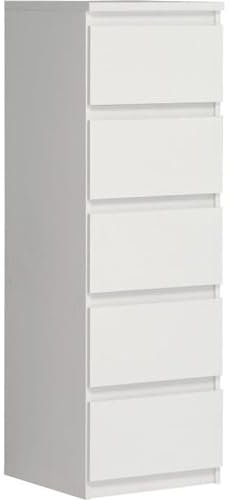 FORTE Chelsea Kommode 40 50, Schmale Kommode mit 5 Schubladen, Weißes Sideboard, Modern, Holzwerkstoff, Weiß, 41,8 cm breit x 128 cm hoch x 42,2 cm tief