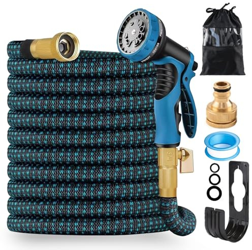 LINGKY Flexibler Gartenschlauch 15m mit 10 Funktionen Brause, Wasserschlauch flexibel mit 3-Fach Latexkern inkl. Vollmessing Adapter für 1/2' 3/4' Zoll und Wandhalterung, dehnbarer flexiSchlauch