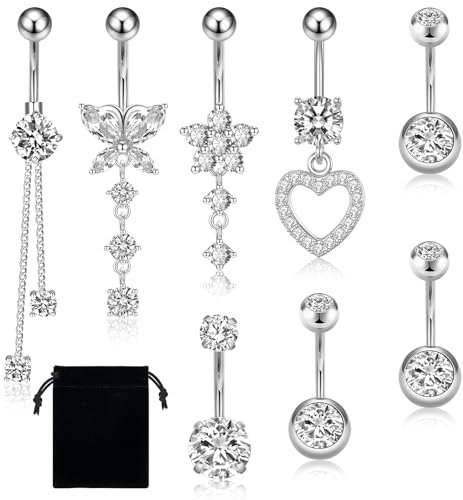 8er-Set Bauchnabelpiercing aus 316L Edelstahl mit Zirkonia – Inkl. Schmetterling, Herz & Blumen-Anhänger – Hypoallergen für Damen (14G, 1.6mm) – Ideal für Party & Alltag + Samtbeutel