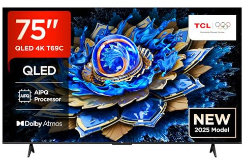 TCL 75T69C 75 Zoll QLED, Direct LED TV, 4K HDR TV, Smart Google TV (Dolby Vision & Atmos, Game Master, Motion Clarity, Kompatibel mit Google Assistant & Alexa)