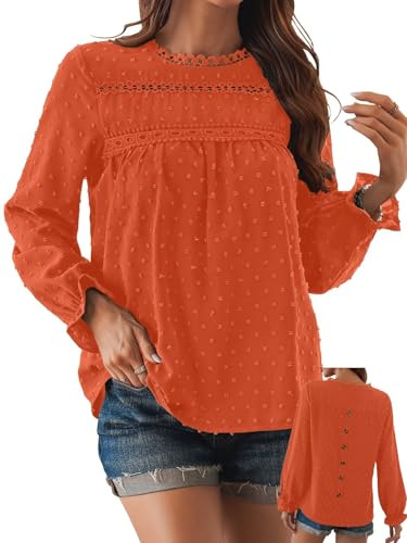 TUUHAW Abito Donna Autunno Taglie Forti Boho Top Manica Lunga Casual Camicetta Volant Elegante T-Shirt Collo Rotondo vestibilità Ampia Bluse Vintage Maglie Pizzo Ricamato Blusa Arancione Acceso 3XL