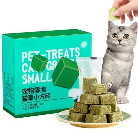 Kattgräs mellanmål – 60 g frystorkad kattmynta gräs pellets och minirutor, naturliga, friska kattsnacks för att stödja matsmältningen, för hårbollsborttagning, för kindtillväxt