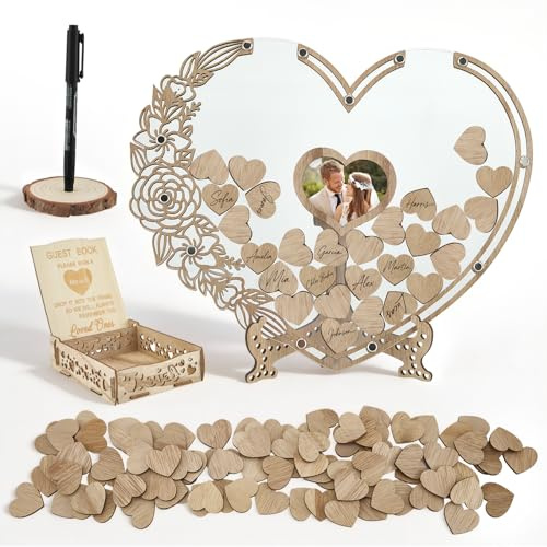 Delousiber Wedding Guest Book Alternative, Wooden Heart Wedding Guestbook for Guests to Sign, 100 Wood Hearts, Drop Box, Wooden Wedding Guest Book Decor with Stand for Reception Anniversary Party