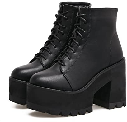 Donna Platform Stivaletti Anfibi con Tacco Largo Alto con Lacci Punk Gotici Stivali da Combattimento con Cerniera,Nero,34 EU