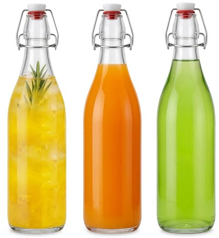 Bayseun 3 Pack Glass Swing Top Bottles 1000ml - Airtight Home Brewing Bottles, Leak Proof Clear Glass Storage with Stainless Steel Cap for Kombucha Beer Oil Vinegar