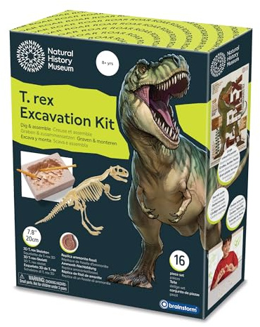 Natural History Museum T‑rex Excavation Kit – Hands‑On Dinosaur Dig Toy with 3D 20 cm Skeleton, Tools, Poster, Replica Ammonite Fossil, Online Tutorial & Fun Facts
