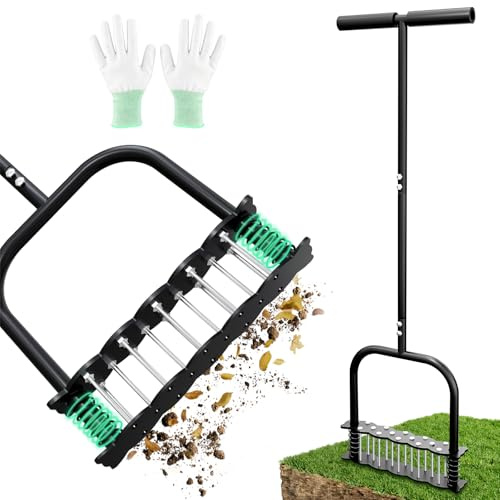 Herramienta aireadora manual para césped, herramienta aireadora de césped resistente de 35 pulgadas con mango en T, herramienta de aireación automática de rebote de 14 puntos, aireadores
