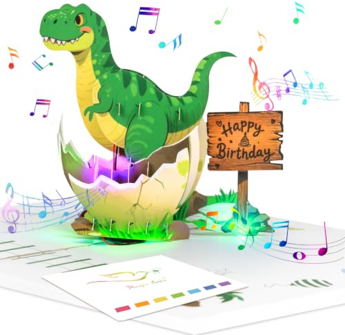 Magic Ants Carte d'anniversaire musicale 3D dinosaure avec lumière, carte pop-up T Rex dinosaure qui s'éclose, pour enfants, garçons, filles, tout-petits, fils, petit-neveu, avec enveloppe et carte