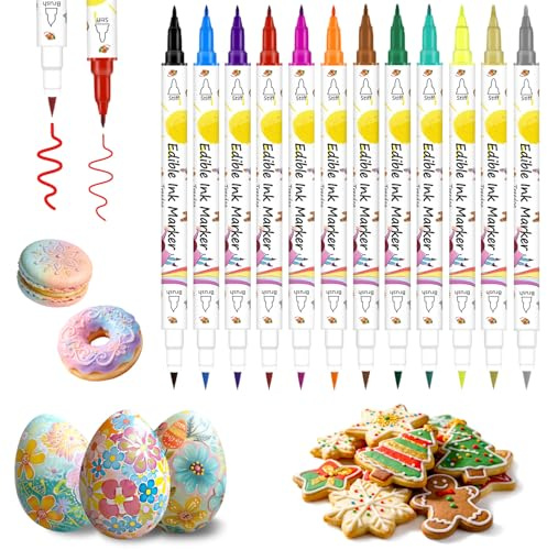 Stylos de Marqueur de Colorant alimentaire,12pcs Marqueurs Alimentaires à Double Côté et Comestibles, Stylo Comestibles pour Décorer le Gâteau,Biscuit,Fondant,Glaçage,œufs de Pâques,Peinture,Cuisson