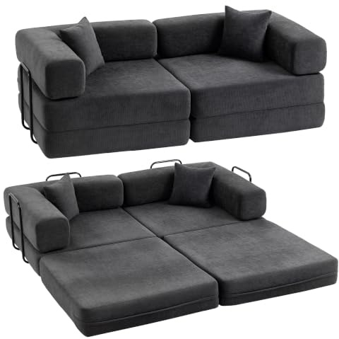 HOMCOM Canapé Convertible 2 Places Modulaire 5 en 1 Chenille 198 cm Gris | Canapé-Lit, Assise et Accoudoirs Larges, 2 Coussins, Rembourrage Épais, pour Salon, Petit Espace, Aucun Assemblage Requis