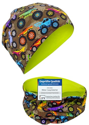 HECKBO Set berretto Beanie e sciarpa Monster Truck – 2-8 anni – 95% cotone – stretch – interno in jersey – berretto invernale design auto fatto a mano (48–54 cm)