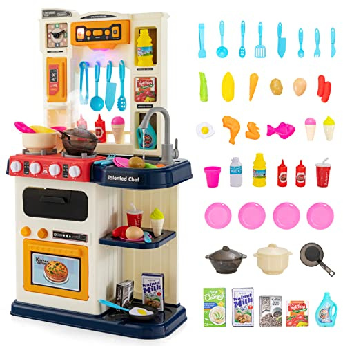 DREAMADE Jeu de Cuisine pour Enfants de 38 Pièces avec Son, Lumières, Effets de Vapeur et d'Ébullition, Robinet d'eau avec Débit d'eau Réel, Accesoires Complets pour 3 +Ans (Bleu)