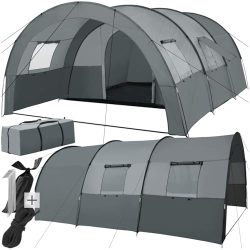 tectake® 6 Person Festival Tent - Water-Repellent Large Family Tunnel Tent with UV 50+ Protection, Mosquito Net - Lightweight Poles & Easy Assembly - Includes Awning & Carry Bag