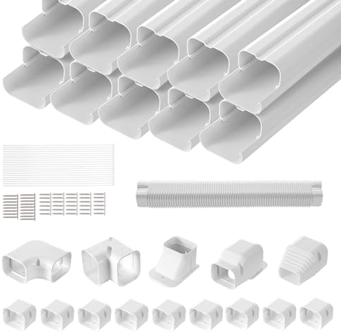 VEVOR Mini Split Line Set Cover 76.2mm W 5400mm L, PVC Decorative Pipe Line Cover For Air Conditioner with 10 Straight Ducts & Full Components Easy to Install, Paintable for Heat Pumps, White