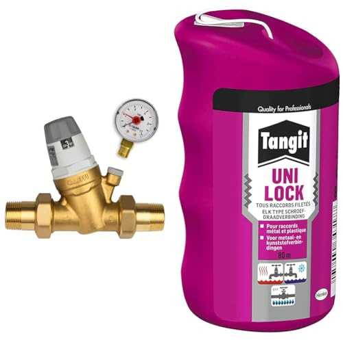 Caleffi Réducteur de pression d'eau 3/4 DN20 pour eau avec cartouche remplaçable et manomètre & Tangit Uni-Lock | Fil de nylon (bobine de 80 m) pour étanchéité des raccords filetés sur tuyaux