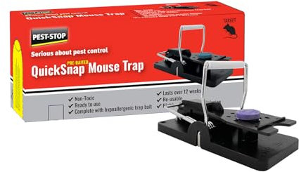 Pest-Stop QuickSnap Mouse Trap – Pre-Baited Reusable Snap Trap – High Sensitivity Mouse Catcher for Indoors – No Poison, Fast Acting, Safe for Homes with Pets and Children – Last 12 weeks