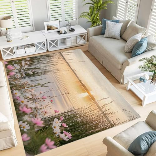 Tappeto Moderno Astratto, Tappeto Lavabile Per Soggiorno Con Fiori Di Canna Di Lago, Tappeto Antiscivolo Morbido, Tappeto Decorativo Per Soggiorno, 150 X 210 Cm, Tappeto Artistico Per Soggiorno, Cam