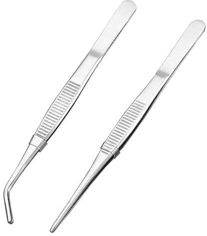 WOLMIK 2 PCS Bent Tweezers Blunt Tweezers 16cm / 6.3inch Stainless Steel Professional Non-Slip Long Straight Tweezer and Angled Tweezer Set for Aquatic Pets or Corals and Crafting Cooking Repairing