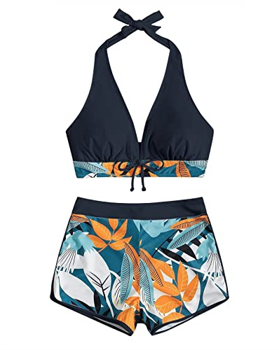 FUPODD Bikini Damen Set Bauch Weg Mit Shorts Badeanzug Damen Bauchweg Push Up Neckholder Zum Binden Swimsuits V Ausschnitt Rückenfrei Bikinis Frauen Patchwork Blumen Bademode Mit Bein High Waist