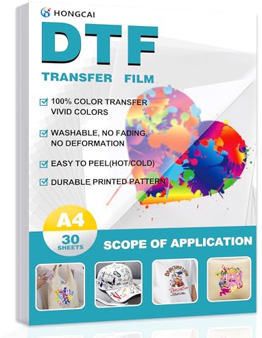 30 Sheets DTF Transfer Film A4 (8.3‘ x 11.7’) Double-Sided Matte pre-Treated PET Heat Transfer Paper, Cold and hot Peel, Suitable for DTF Inkjet Printers, Direct Printing on T-Shirt and Color Fabrics