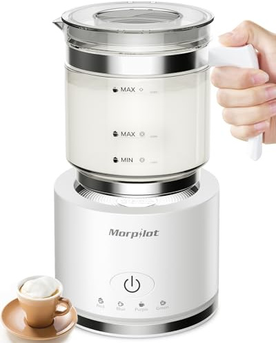 Morpilot Milk Frother, Montalatte Elettrico in Vetro, 4 in 1 Funzione, Bello da Vedere, Capacità 250ml per Schiumare o 500 ml per Riscaldare, Design Diviso, Bianco