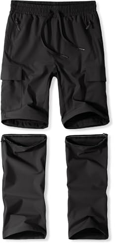 Boys Hiking Pants Kids Youth Zip Off Convertible Scout Pants 12-14Y Lightweight Quick Dry Outdoor Fishing Slim Fit Elastic Waist Black M