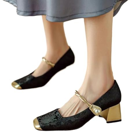 Zapatos de noche Mary Jane de primavera y verano con tacón medio grueso y tacón bajo con punta cuadrada zapatos de vestir clásicos para mujer (Negro,37)
