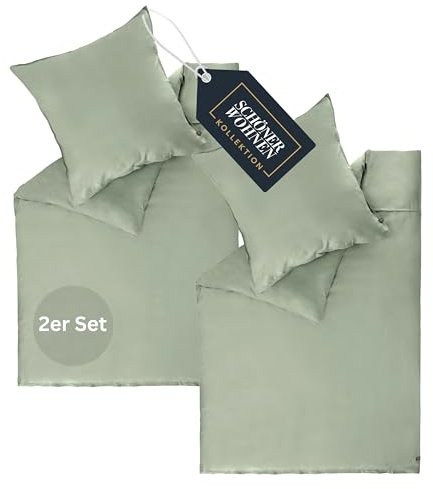 Vackra hem satin sängkläder 135 x 200 bomull grön – lyxiga sängkläder set 4 delar – mjuka och andningsbara – bestående av 2 påslakan och 2 örngott 80 x 80 cm – Öko-Tex