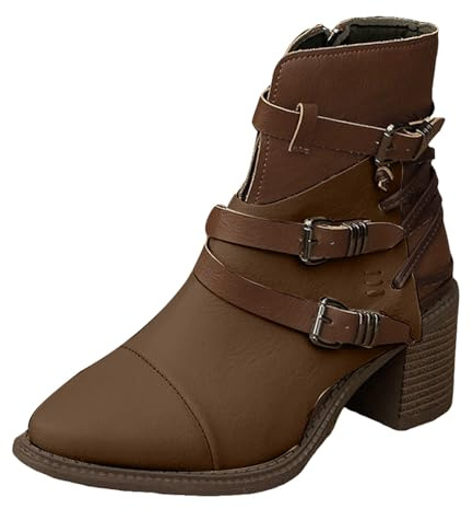 VBEDKDEB Boots - Botas de mujer con tacón de bloque y punta puntiaguda y caña corta, cremallera lateral, botas de piel con altura media pantorrilla, marrón, 39 EU