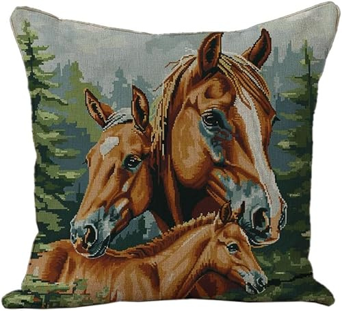 YarnAdventures Kit Cuscino Punto Croce,Cavalli e puledri,Set Ricamo Principianti Cuscini Decorativi,per Adulti Principianti per Arredamento Casa,18x18in