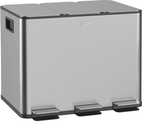 HOMCOM Mülleimer Küche 3 x 20 L Treteimer mit Softclose-Deckel und Pedal Mülltrennsystem 3 Fächer inkl. Inneneimer Abfalleimer Abfallsammler, Edelstahl, Silber, 61,9 x 36,6 x 56,7 cm