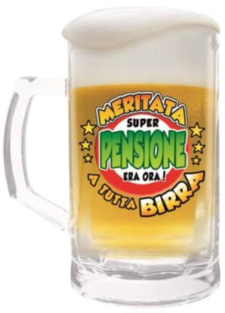 Ritria Boccale Birra Pensione in Vetro 500 ml - Caraffa Regalo Pensionato “Meritata Super Pensione Era Ora! A Tutta Birra” - Regalo Pensione Uomo - Gadget per Pensionamento