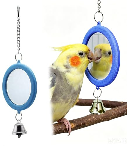 LEOUEANR 1 miroir à oiseaux avec clochette, jouet balançoire à suspendre pour perruches, calopsittes et canaris (bleu)