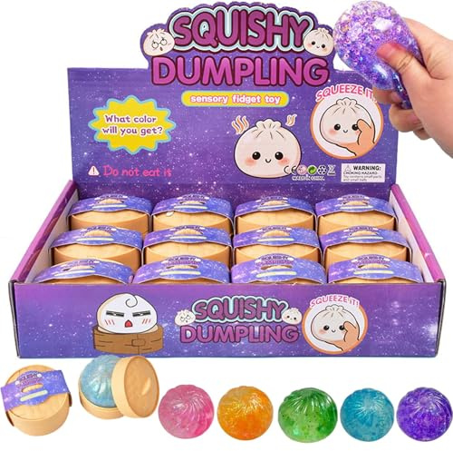 Gnocchi Glitterati Squish-y: 12 Pezzi Panini morbidi e comprimibili a forma di raviolo con vaporiera, Palline antistress colorate a forma di raviolo, perfette come regalo per compleanno