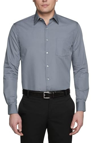 Van Heusen Men's Dress Shirt Regular Fit Poplin Solid, Grey, 18.5 Neck 34-35 Sleeve