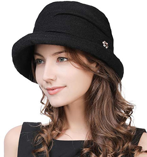 Fancet Ladies Wool Cloche Hat 1920s Bowler Hat for Womens Vintage Bucket Hat Winter Hats Black